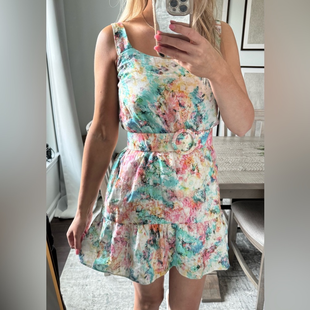 Pastel Floral Sleeveless Spring Summer Belted Dress - Picture 3 of 12